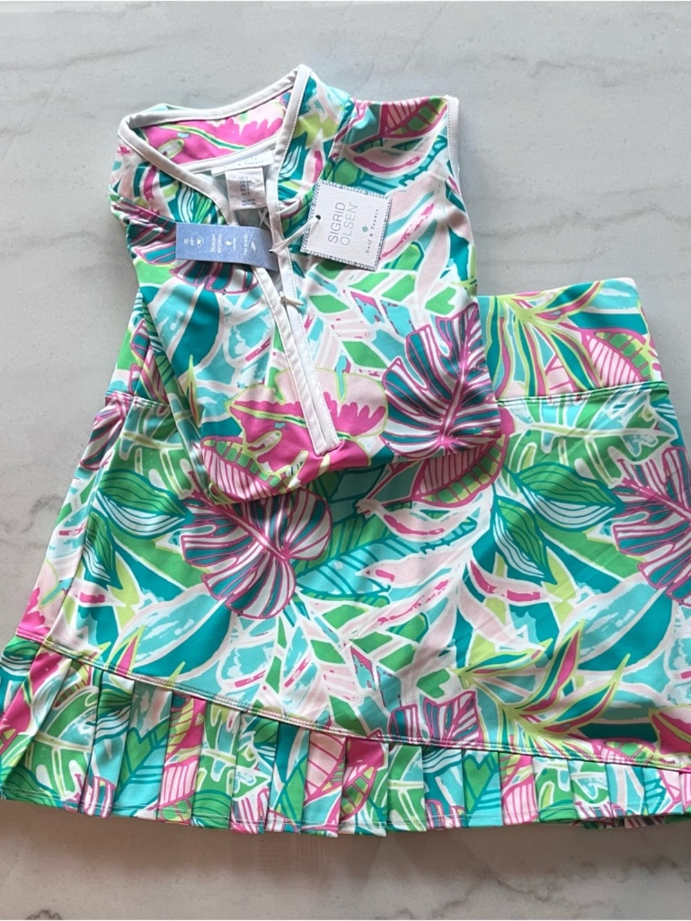 Sigrid Olsen Tropical Print Skort Set in Teal, Pink, Green NWT